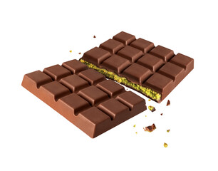Dubai chocolate broken into two halves in the air on a white background. Dubai chocolate is made...
