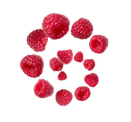 Ripe juicy raspberries floating in the air close-up on a white background