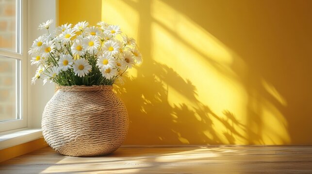 White daisies in woven basket, sunlight