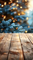 Rustic wooden table in front of frosted Christmas tree