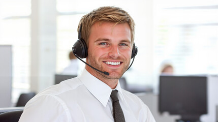 Smiling call center agent providing customer support in office  