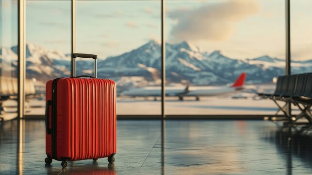 Solitary Suitcase Awaits Departure at Mountain View Airport - A red suitcase sits alone in an airport terminal, symbolizing travel, anticipation, journey, solitude