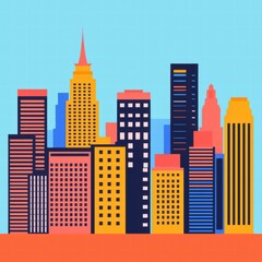 A colorful skyline illustration featuring various tall buildings against a bright blue background.