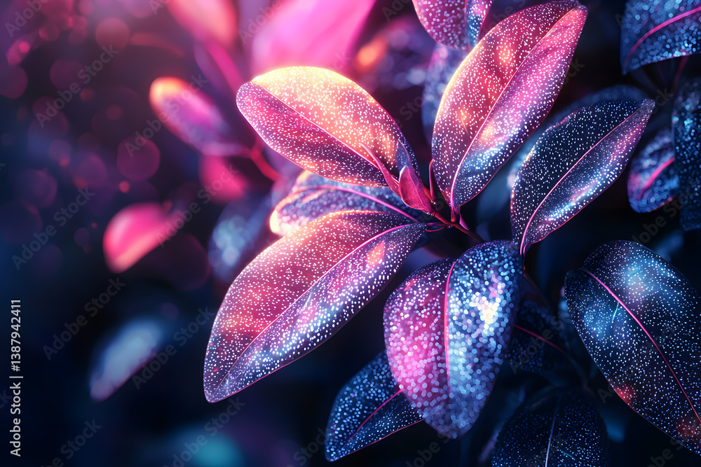 Poster digitalized plants glow with color in an abstract background. generative ai