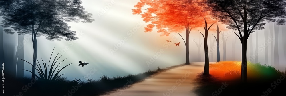 Poster sunbeams and shadows forest path - a mystical forest path divides light and shadow, symbolizing dual