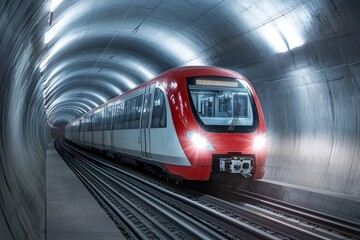 Fototapeta premium Subway Train Speeding Through Tunnel - A red and white subway train races through a long, curved underground tunnel, symbolizing speed, travel, modern transportation, urban infrastructure