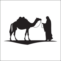 man walking with camel silhouette