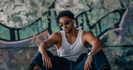 young urban man sitting on the street outdoors with graffiti