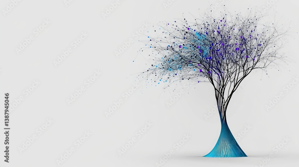 Poster artistic blue tree design with abstract elements and modern flair