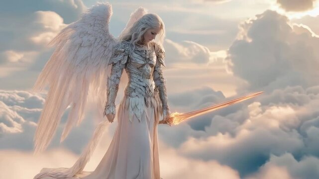Fantasy angel warrior with glowing sword standing in the sky among clouds, dressed in silver armor with majestic white wings