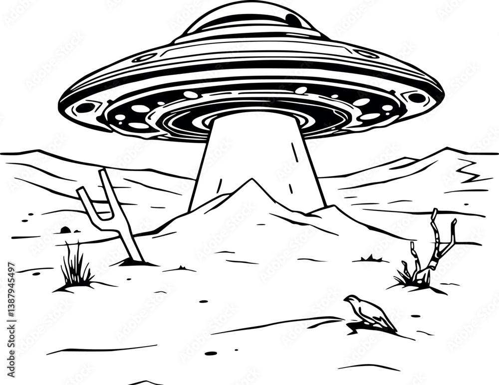 Poster outline crashed ufo in desert. vector alien mystery illustration in minimalist line art.