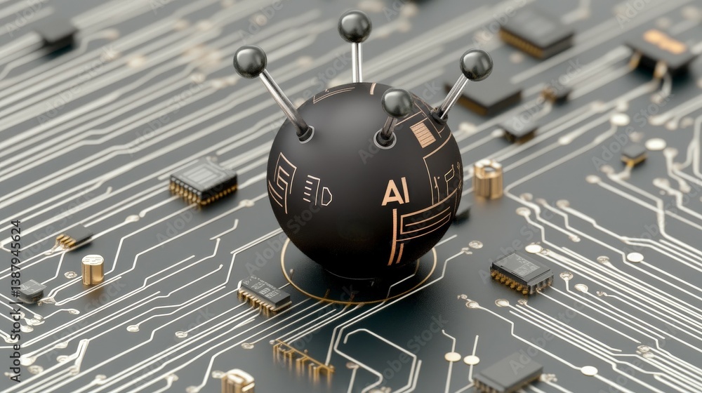 Poster black sphere with ai design on circuit board background