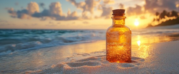 Message in a bottle at sunset on beach