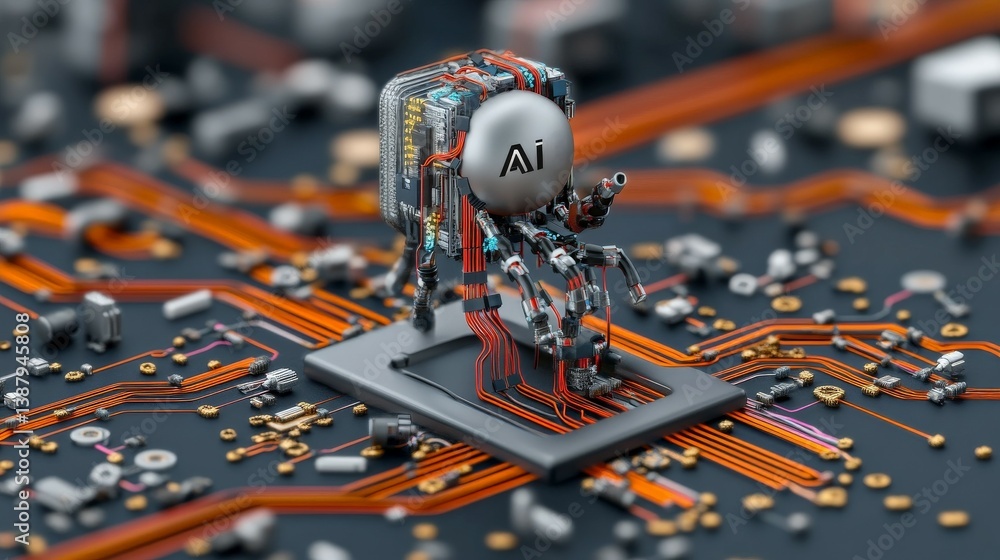 Poster robot on circuit board showcasing concept of artificial intelligence