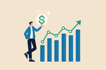 Sales person, marketing or investment professional, earning profit or sale commission money, growth planning or success financial advisor concept, confident businessman hold dollar with growth chart.