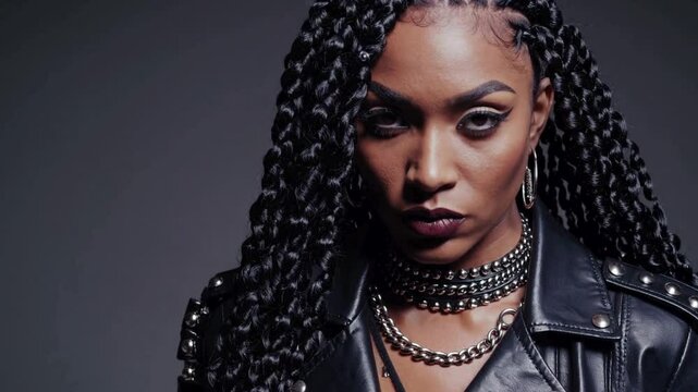 Woman with braids in leather jacket and chains posing boldly