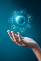 Fototapeta premium Hand holding a glowing globe with eco-friendly icons