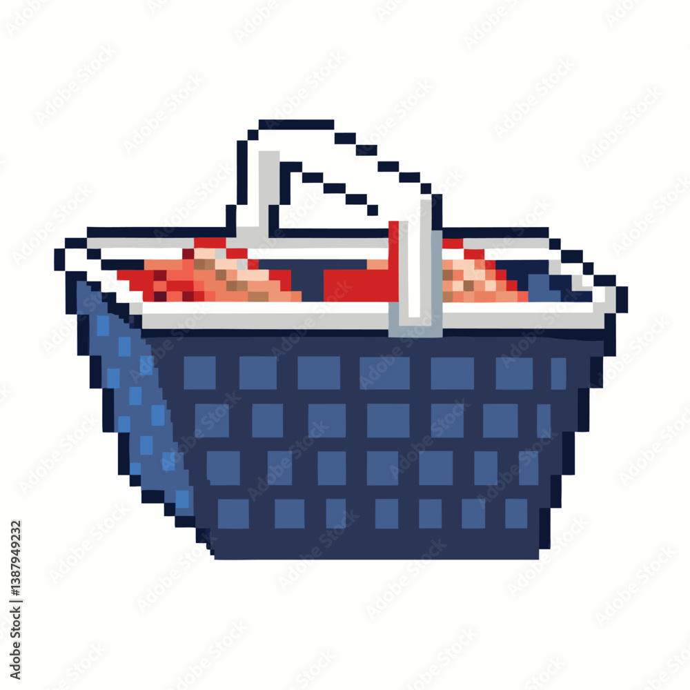 Poster pixel art picnic basket with red checked lining in retro style