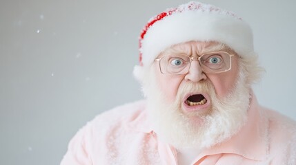 A surprised Santa Claus, wearing glasses and a pink robe, is depicted. He has a white beard and a red-trimmed hat. The background is a simple, light gray. The image is well-lit, likely studio lighti
