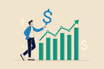 Sales person, marketing or investment professional, earning profit or sale commission money, growth planning or success financial advisor concept, confident businessman hold dollar with growth chart.