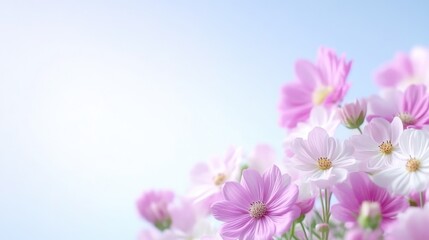 Cosmos Flowers Soft Pastel Style High-resolution Gentle Lighting Landscape Close-up View Delicate Petals Blooming Serenity Sky Pastel Pink tones Ideal for greeting cards