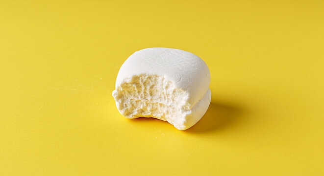 Marshmallow with bite mark on yellow