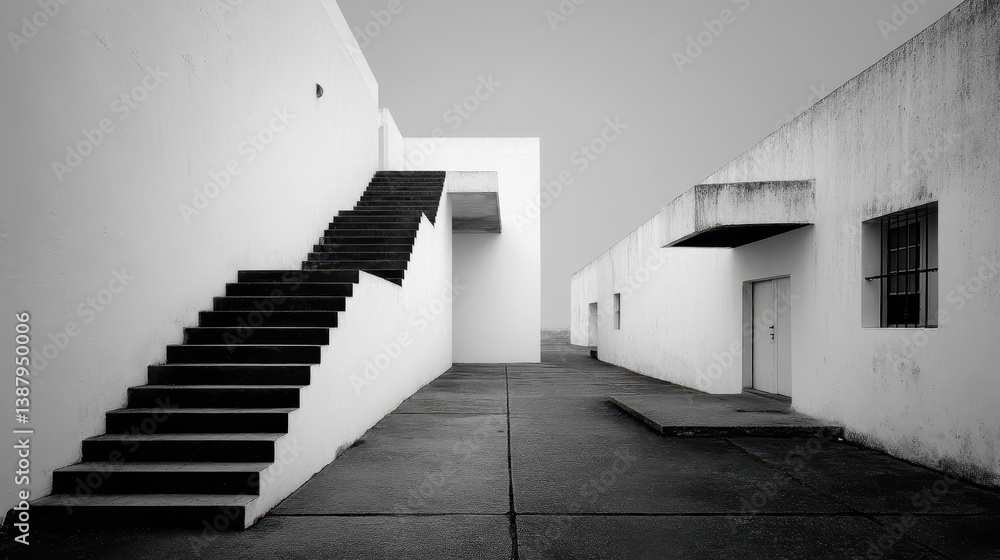Poster minimalist staircases and walls showcase brutalist architecture with striking contrasts and negative
