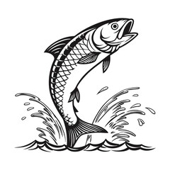 marine fish, heavily details, jumping, silhouette vector,  on a white  background