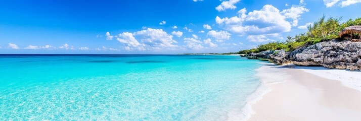 Obraz premium Tropical Beach Paradise - Stunning turquoise water laps a pristine white sand beach, under a vibrant blue sky dotted with fluffy clouds. A rocky outcrop adds texture to the idyllic scene