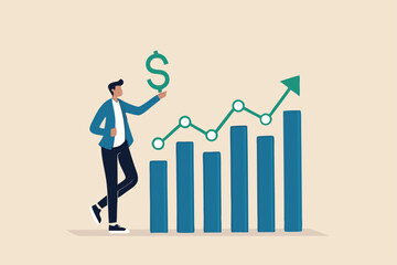 Sales person, marketing or investment professional, earning profit or sale commission money, growth planning or success financial advisor concept, confident businessman hold dollar with growth chart.