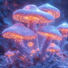 Luminous Mushroom Forest in Purple Glow