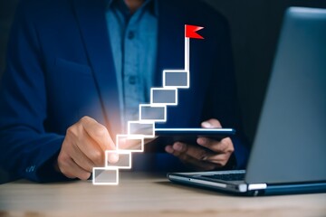 Business success and goal achievement steps. Businessman drawing checkmarks on virtual staircase steps toward achieving goals, ending with red flag as success marker. Planning, progress, goal setting