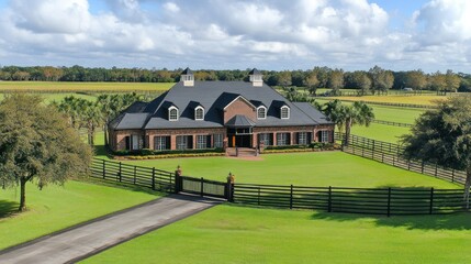 Obraz premium A large brick home with expansive grounds and lush green fields