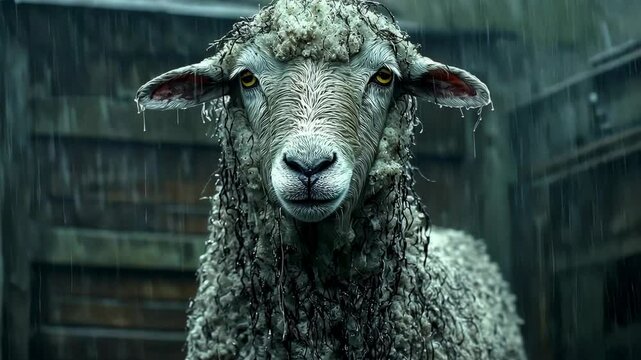 Lost sheep stands alone in the rain, wet and separated from the flock in a somber landscape