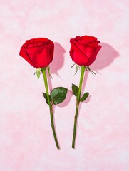Obraz premium Two Red Roses on Pink Background - Two vibrant red roses with green stems and leaves, elegantly arranged against a soft pink backdrop