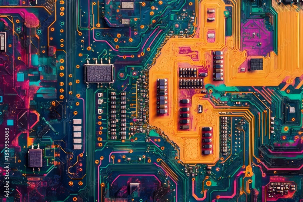 Poster vibrant circuitry: a close-up of technological design - a detailed view of a colorful circuit board,