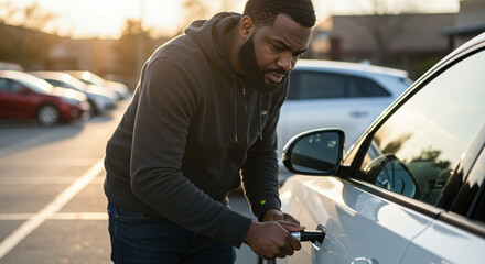 A focused man carefully unlocking his car door in a sun-drenched parking lot, a moment of quiet determination before the day's journey begins with soft golden light and blurred background cars.