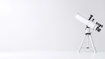 A white telescope standing on a tripod in a minimalist studio setting, clean white background, and focus on scientific exploration concept.