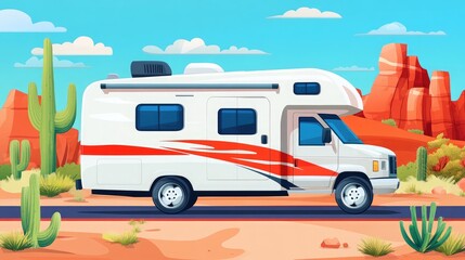 A campervan parked on a desert road, surrounded by red rock formations and cacti.