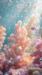 Naklejka premium Vibrant Underwater Scene with Colorful Coral Reefs and Small Fish Surrounded by Sunlight