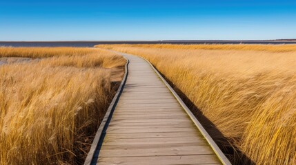 Boardwalk curves through golden marsh grass leading towards water horizon under bright blue sky
