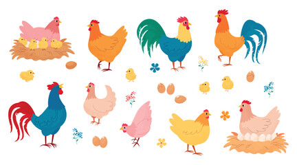 Set of vector colored hens, chickens, roosters and chicken eggs. Hen in nest hatching eggs. Illustration with hand drawn pencil and chalk textures. Home poultry farming. Easter decor. Chicken coops.