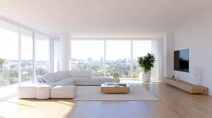 Naklejka premium Modern, bright living area with city views. Spacious, minimalist design