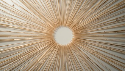 Radiant golden rays emanating from central point artistic installation in studio setting modern abstract design aerial viewpoint for visual impact