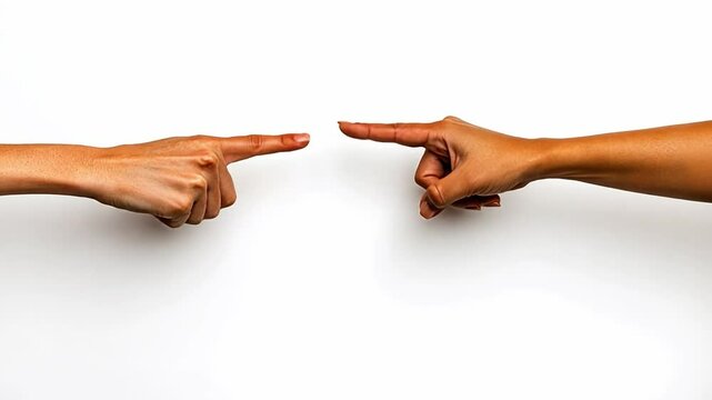 Pointing Fingers: Two hands with fingers extended, a symbol of blame, accusation, or direction, against a clean, simple background.