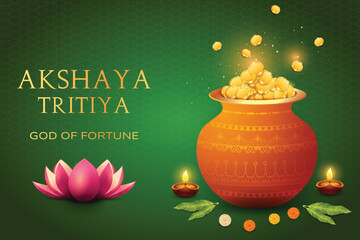 Akshaya Tritiya Festival Celebration Banner Pot Filled With Fortune Gold Coins on Green Background. Vector Illustartion For Indian Festival Grand Jewellery Sale E-commerce, Festive Sale Offer Etc.