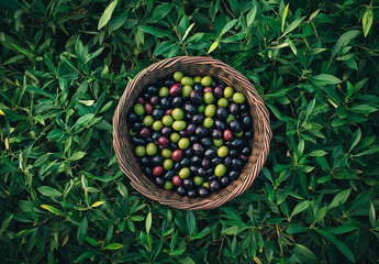 Fototapeta premium Overhead View of Basket Full of Fresh Olives