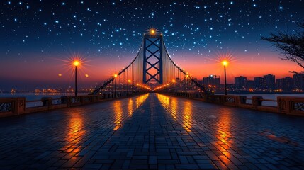 Obraz premium Night bridge, city lights, sunrise