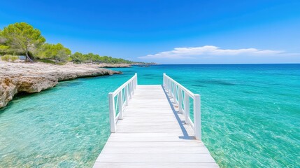 Obraz premium A white wooden dock extends into a vibrant turquoise sea. The composition features a rocky shoreline with sparse vegetation. The image boasts high resolution and bright natural lighting. Its a serene