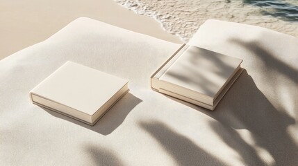 Two books lying on a soft beach towel, gentle waves rolling in the distance.